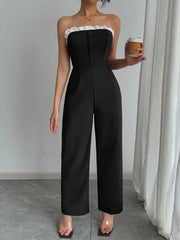 Jumpsuit Spring Summer Women Black Strapless White Ruffle Trim Wide Leg Chic Elegant Daily Date Party Jumpsuit