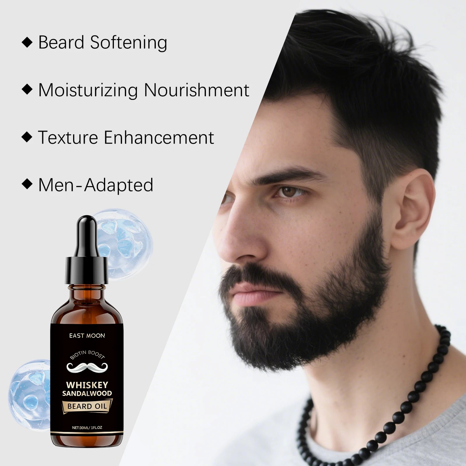 Men Biotin Beard Oil Soften Rough Beard Whiskey Sandalwood Beard Care Oil Hydrate Soothe Under-Beard Skin Men Facial Hair Serum