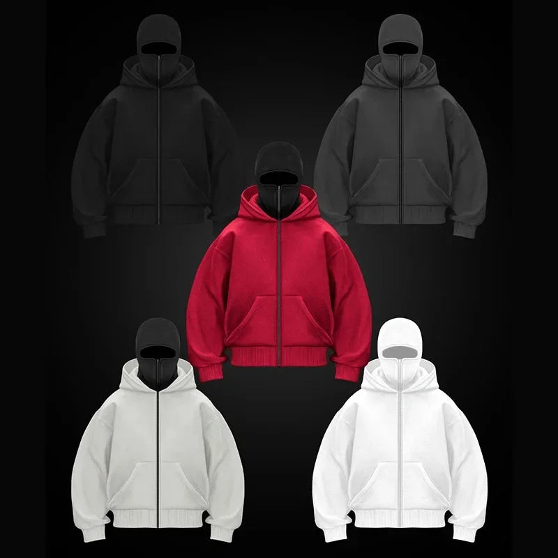 Unisex Hoodie Coat Warm Loose Balaclava Jacket Outdoor Sports Casual Jacket with Face Mask Street Wear