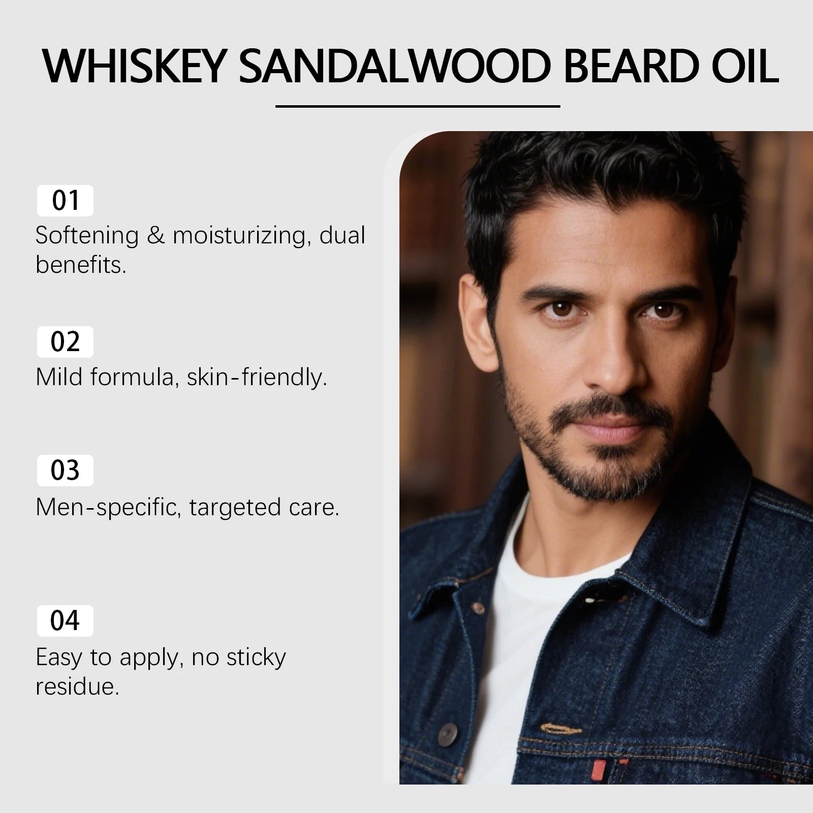 Men Biotin Beard Oil Soften Rough Beard Whiskey Sandalwood Beard Care Oil Hydrate Soothe Under-Beard Skin Men Facial Hair Serum