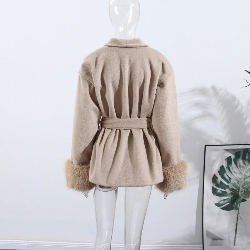 Elegant Women's Lace Up Woolen Coats Solid Full Sleeve Turn-down Collar Loose Lady Coats 2025 Autumn Winter Female Streetwear