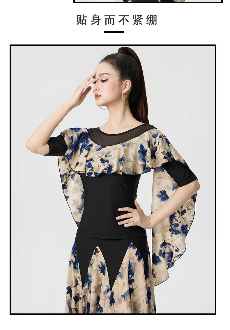 Dancewear Women Tops Summer Fashion Print Latin Line Dance Costume New Products Ballroom Dance Women Top Training Clothes Black