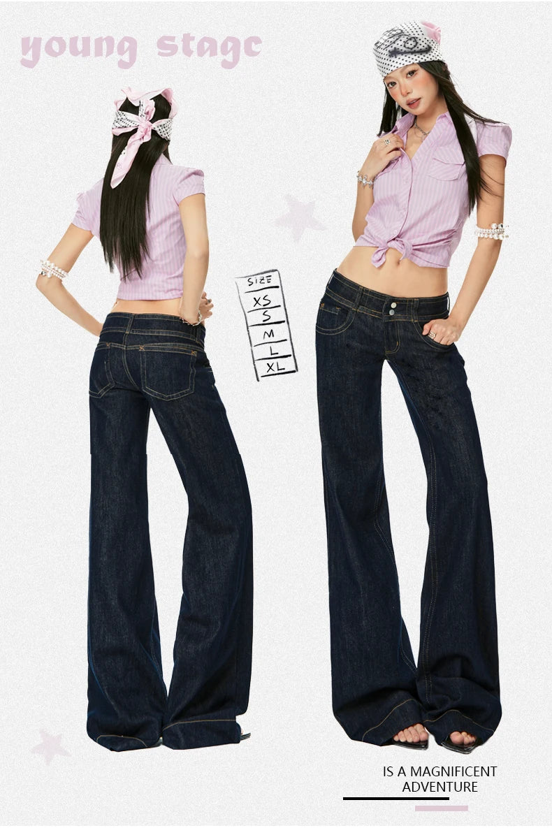 Women Vintage Blue Jeans Hip Hop Fashion Streetwear Y2K Wide Leg Straight Low Waist Jeans Baggy Denim Pants
