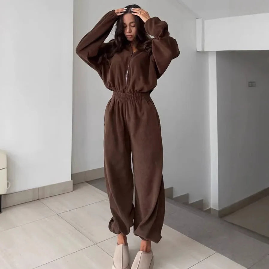 Jumpsuit Women 2026 New Fashionable Long Sleeved Jumpsuit for Women's Casual Half Open Collar Elastic Waist Jumpsuit