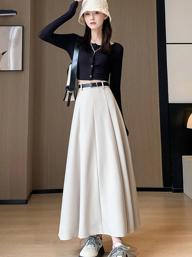 Elegant Skirts for Women Korean Style Long Skirt Female Black Pleated Midi Skirt Women's Clothing Office Lady Skirts Outfits New