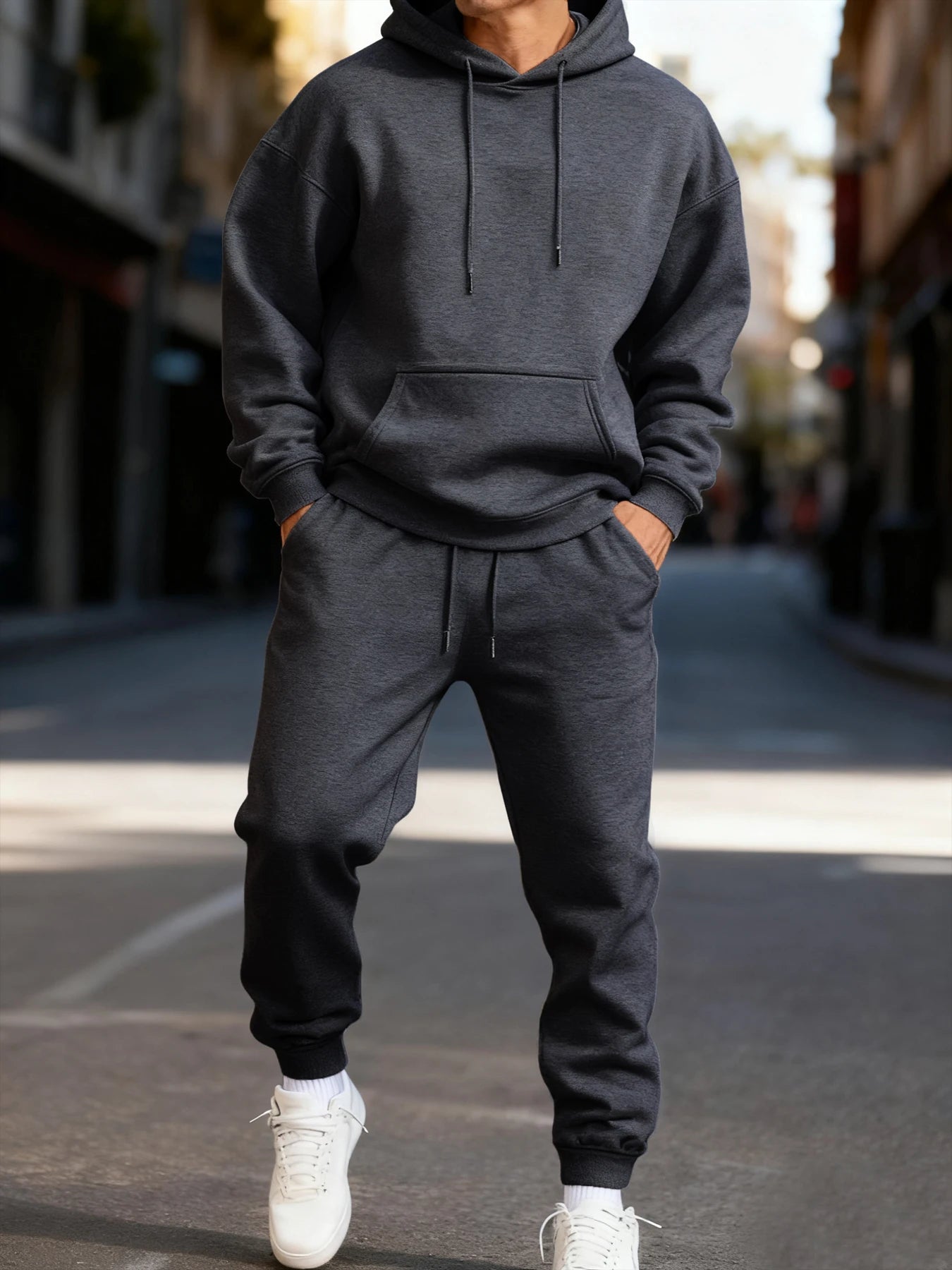Man Hoodie Set Winter Solid Color Two Pices Sets Long-Length Street Clothes Casual Sports Sweatpant Hoody Unisex Fashion Suit