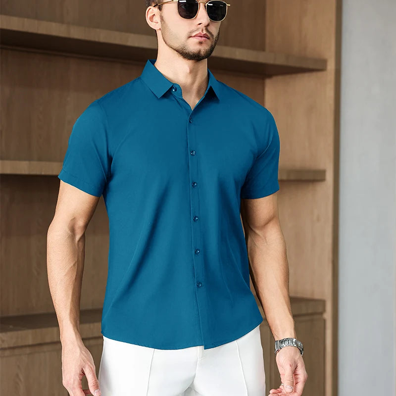 New Men's Business Casual Solid Color Short Sleeved Shirt for Summer Fashion No Ironing Comfortable and Versatile Top