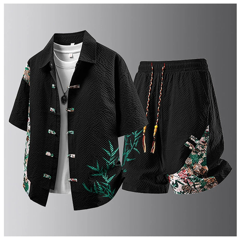 Summer Tracksuits Men Traditional Chinese Style Suit Shirt Shorts Tang Suit Male Fashion Casual Summer Sets
