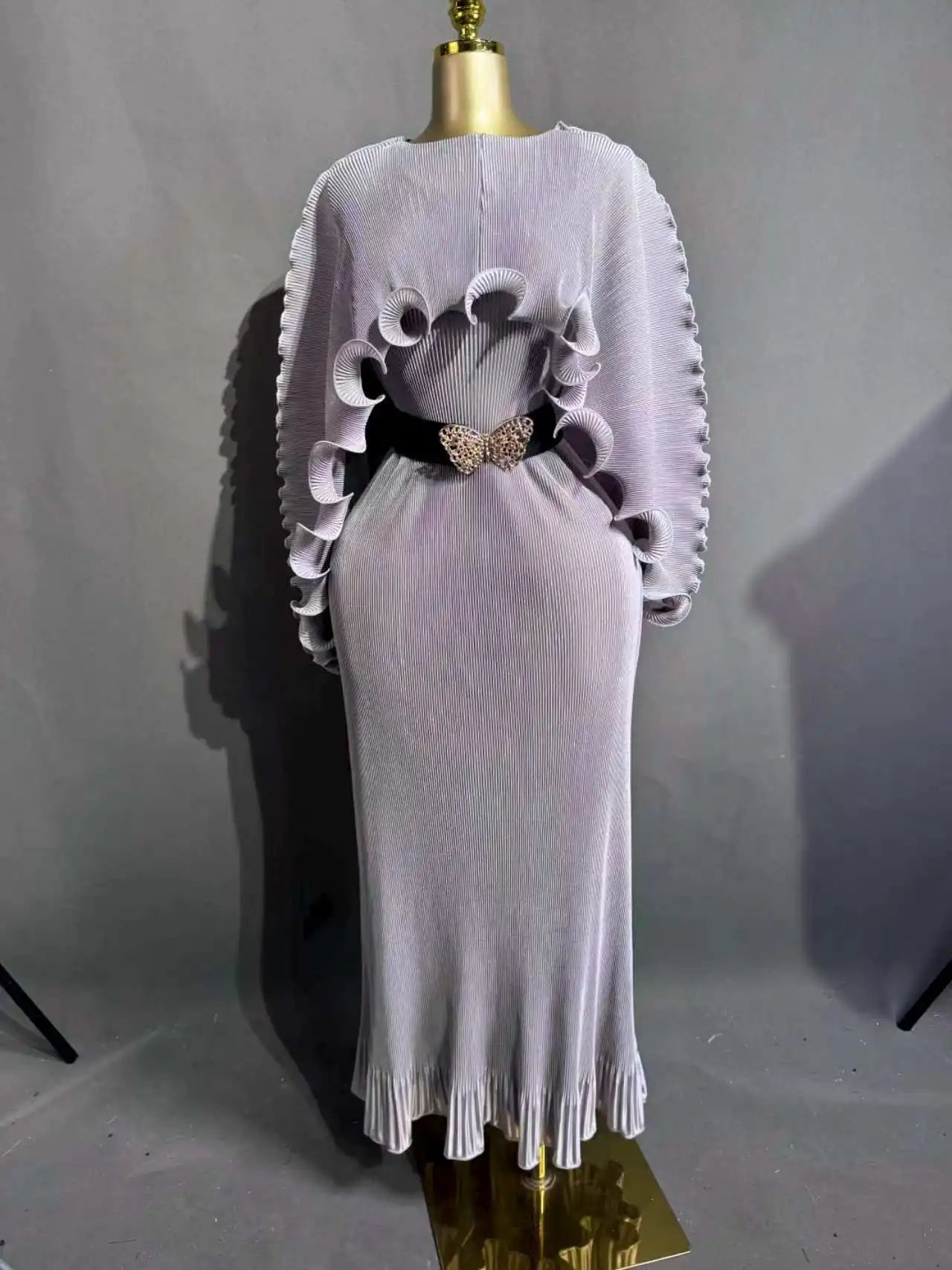 Elegant Pleated Long Dress with Butterfly Belt Women Cape Sleeve Wave Edge Ruffle Evening Party Dress