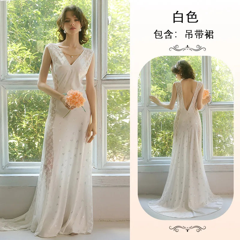 Women's Nightgown Luxury V Neck Sleeveless Night Dress Fashion Slim White Princess Long Dress Summer Ladies Sleepwear Vestido