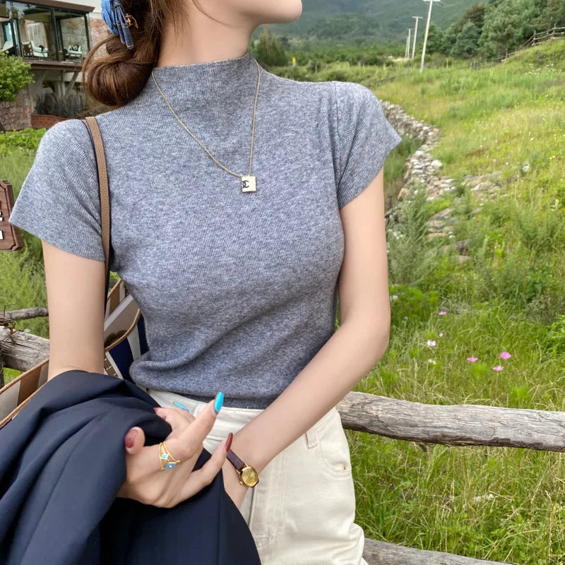 Knitted 2025 New Basic Sweaters Fashion Women Turtleneck Solid Thin Short Sleeve Slim Pullovers Streetwear Bodycon Sweater