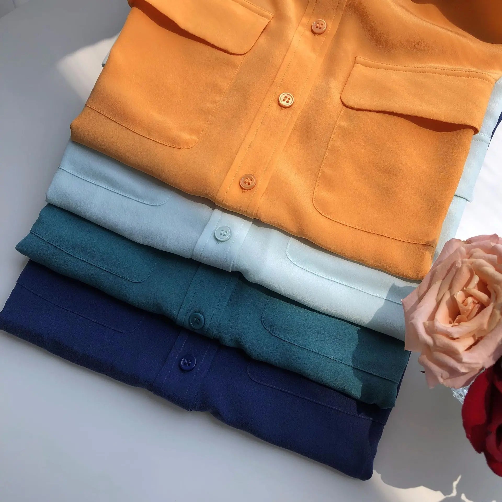 Women Real Silk Shirts Classic Double Pockets Solid Color Casual Fashion Long Sleeve Thin Shirt Blouses Tees