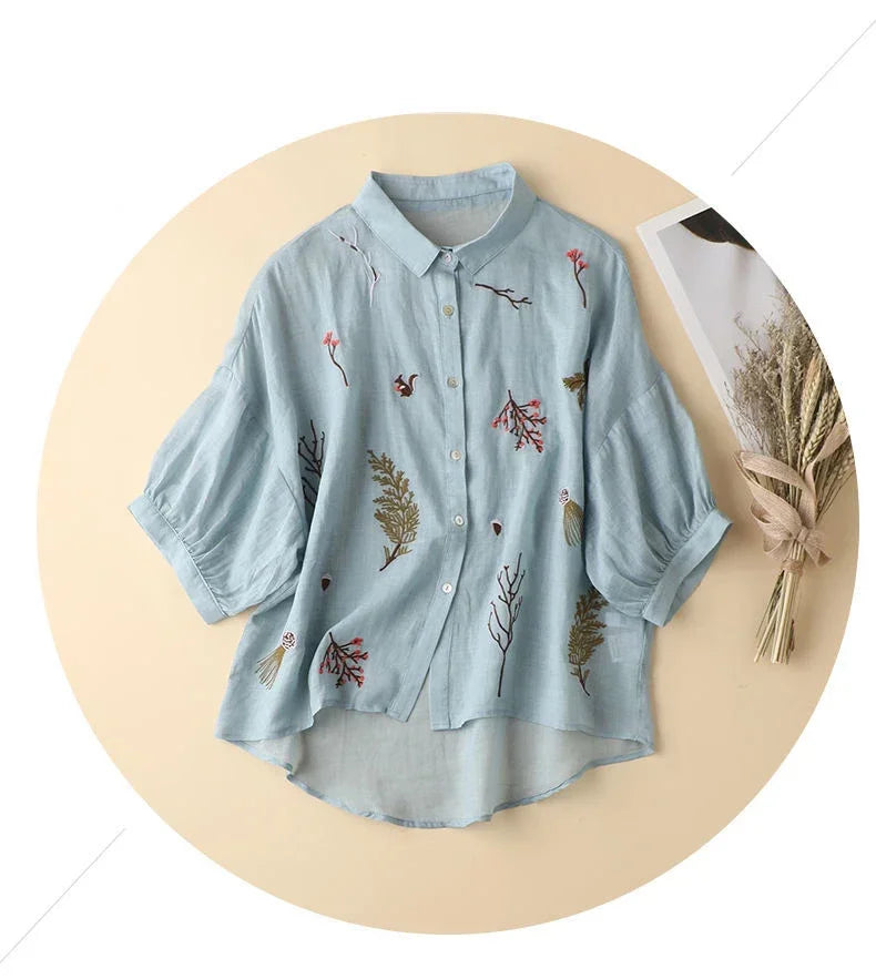 Embroidered Cotton Linen Casual Shirt
