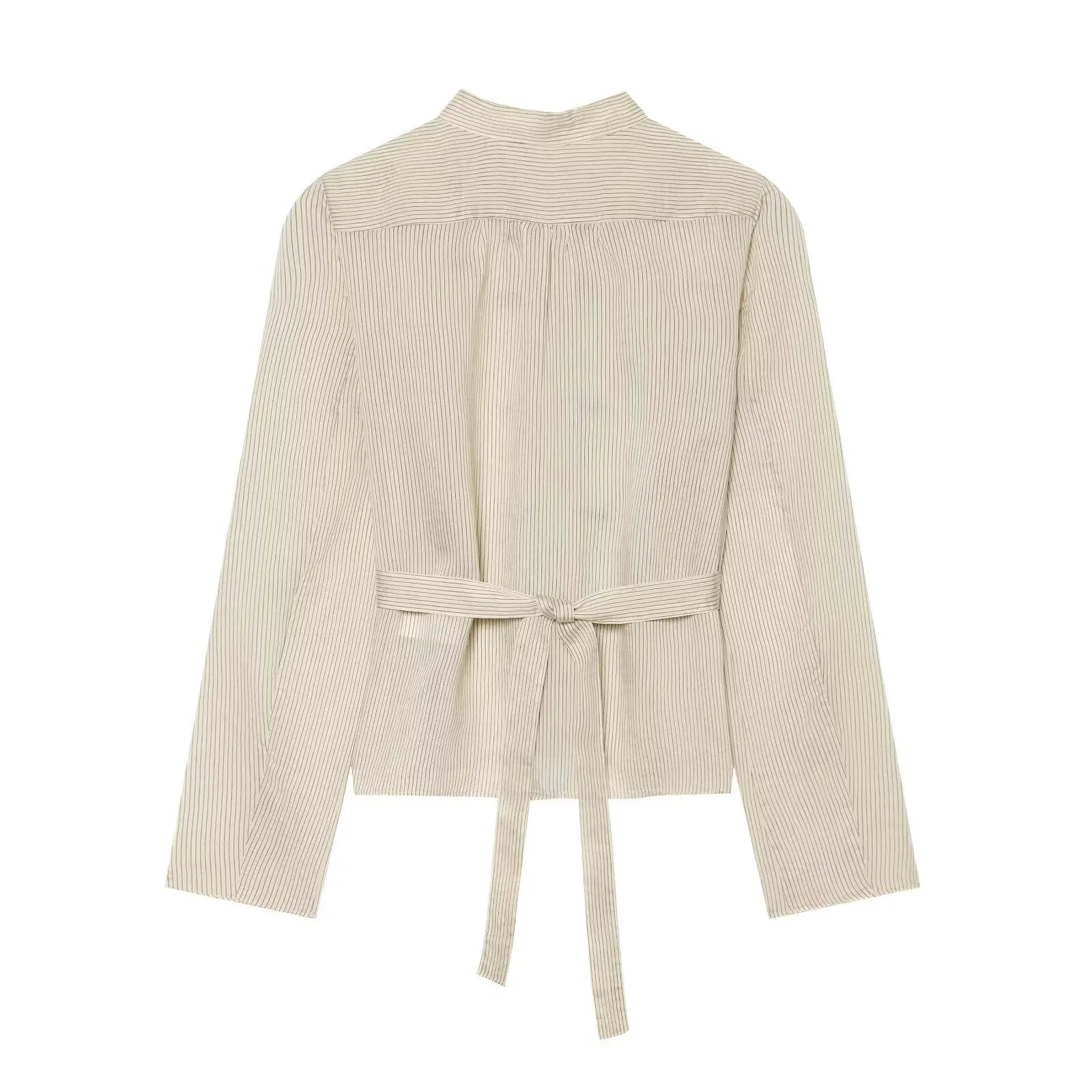 Women Trendy Sexy Striped Shirts Summer Female Chic Rope Buttons Sheer Shirts Lady High Street Elegant Long Sleeve Blouse Tops