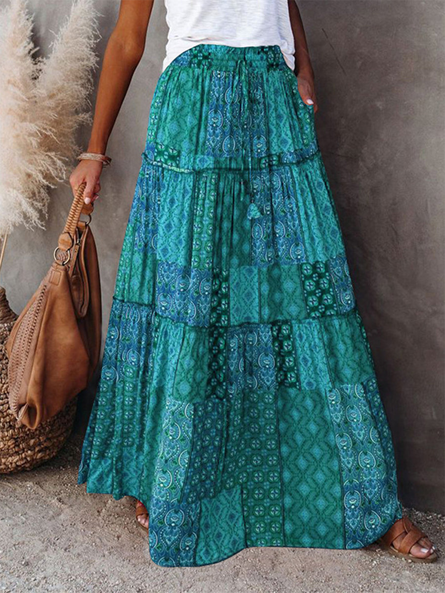 Women's Bohemian Skirts Vintage Elastic High Waist A-Line Skirts Tiered Long Skirts with Pockets