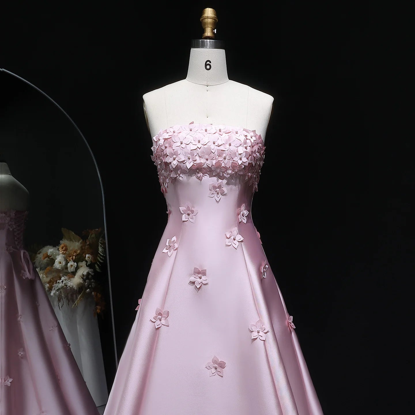 Pink Floral Strapless Evening Gown