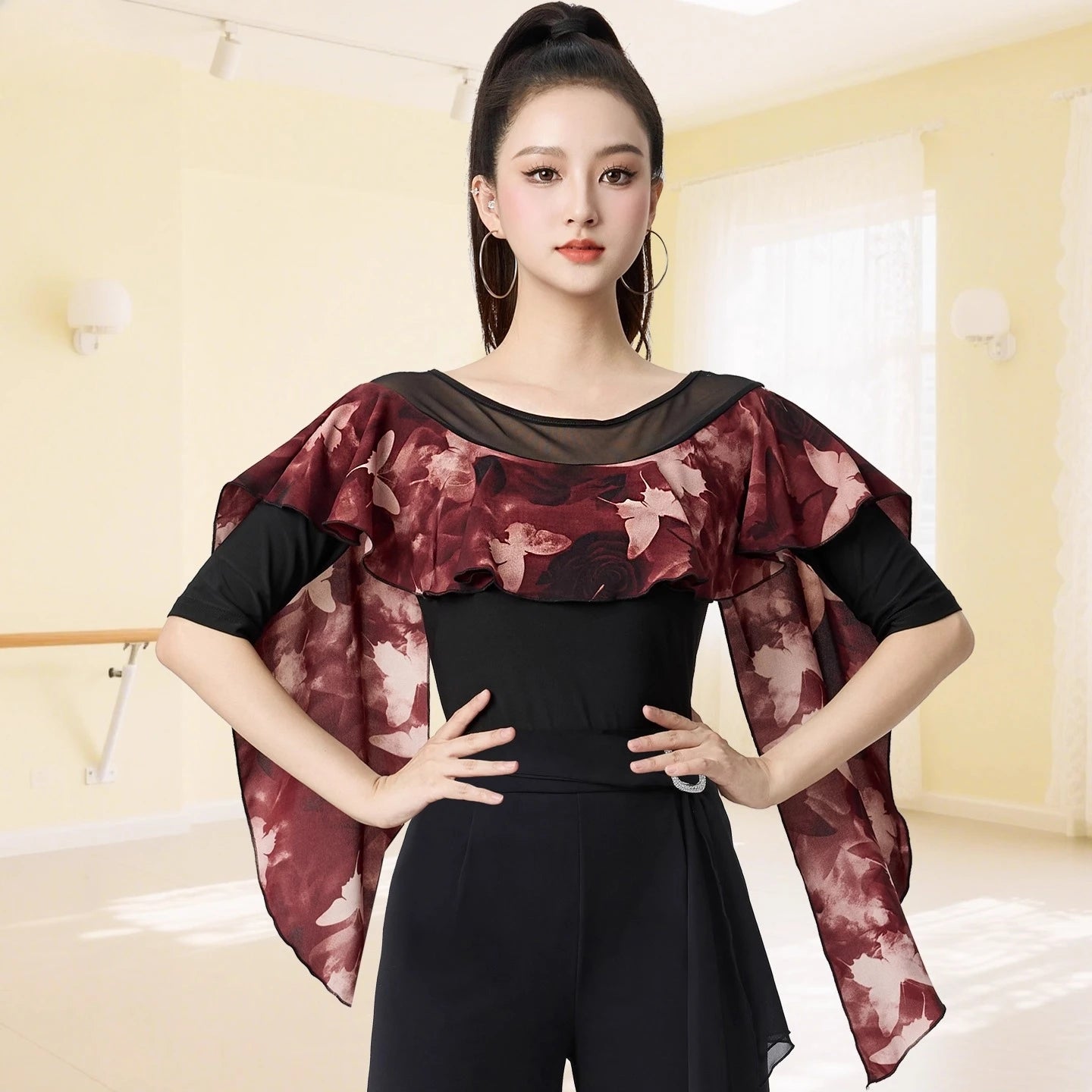 Dancewear Women Tops Summer Fashion Print Latin Line Dance Costume New Products Ballroom Dance Women Top Training Clothes Black
