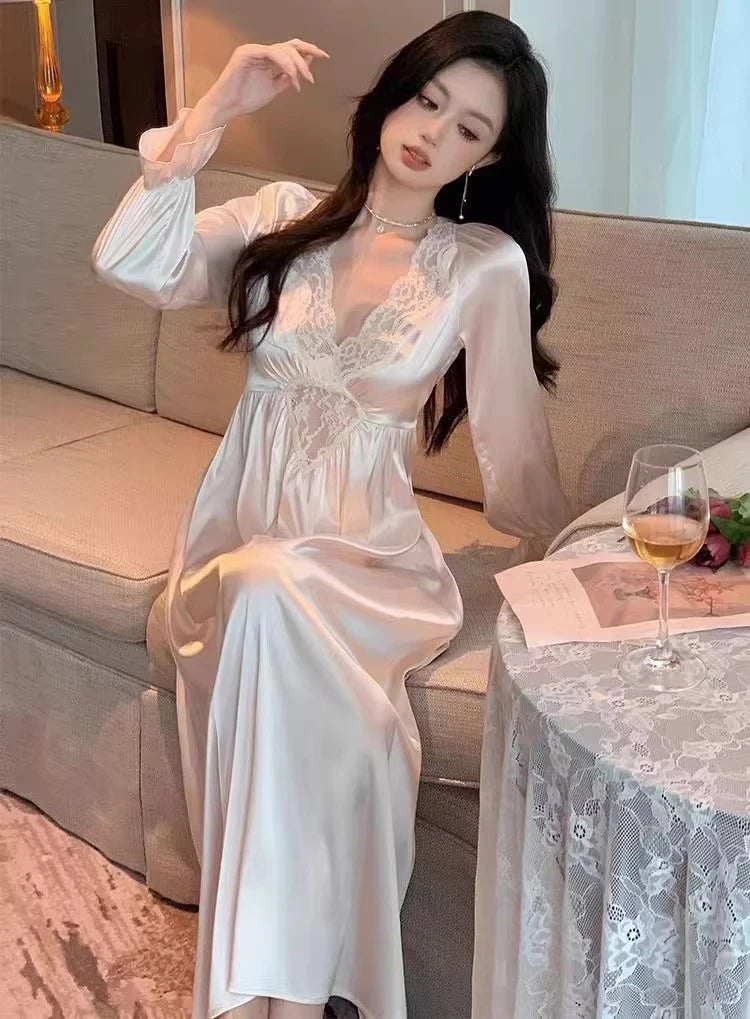 Female Long Nightdress Retro French Court Style Princess Nightgown Sleepwear Spring Summer Loose Rayon Home Clothes Lounge Wear