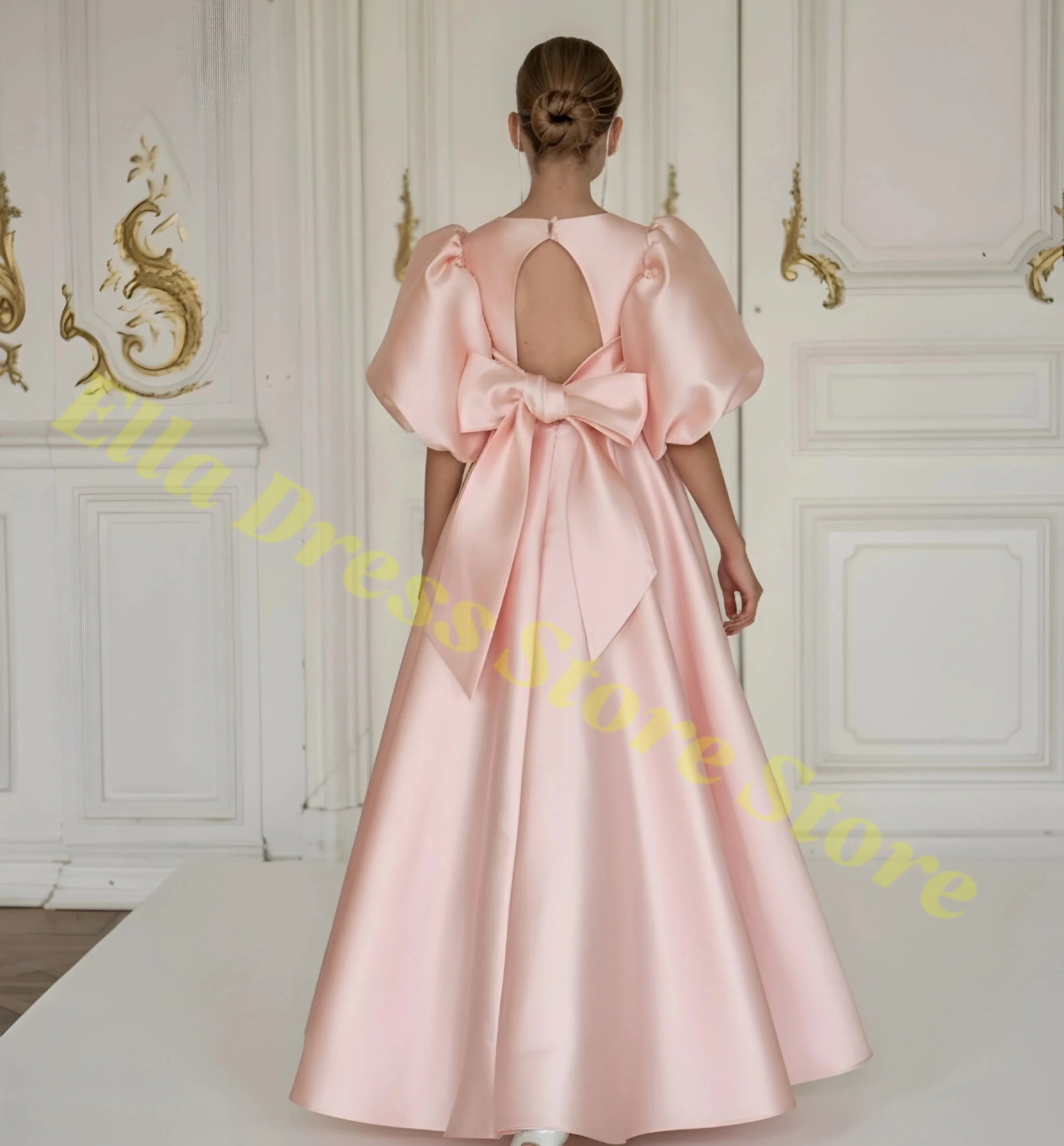 Elegant Girls Wedding Party Dress Satin Flower Girl Dress Bows Half Sleeves Formal Gala Dresses for Bridesmaid Dress Wholesale