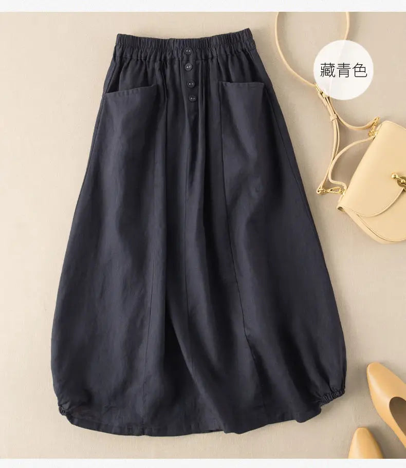 Women's Skirt Cotton Linen Casual Straight Skirts Woman Fashion 2026 Summer Loose Solid Color Button Long Skirts for Women
