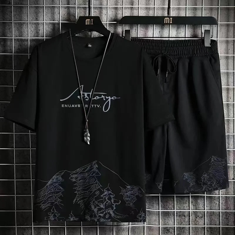 2023 Summer Men's Tracksuit 2 Piece Set Fashion Casual Solid Short-Sleeved T-Shirt and Shorts Sport Suit Breathable Man Clothing