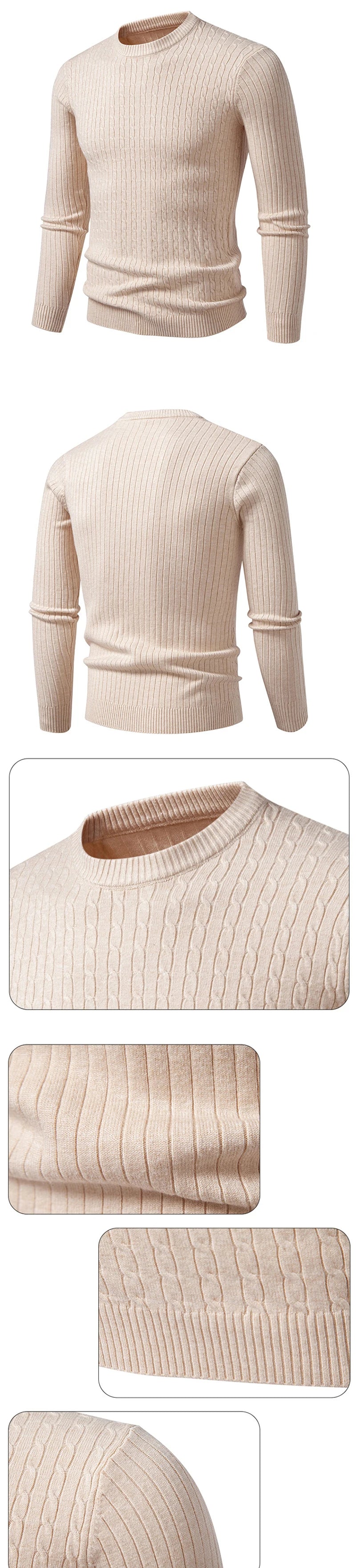 Autumn Mens Crew Neck Sweaters Long Sleeve Lightweight Knit Ribbed Dress Pullover Sweaters Outdoor Casual Twist Cable Sweaters