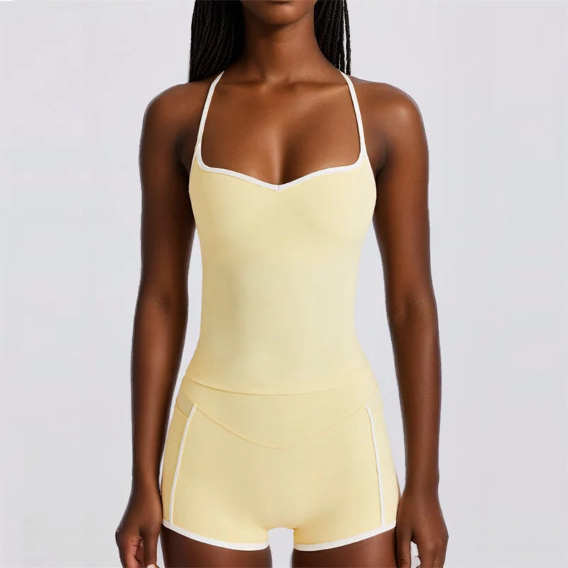 SVEIC Gym Sets Woman 2 Piece Sports Tops Contrasting Color Fitness Vest High Waist Shorts Butt Lift Running Workout Yoga Clothes