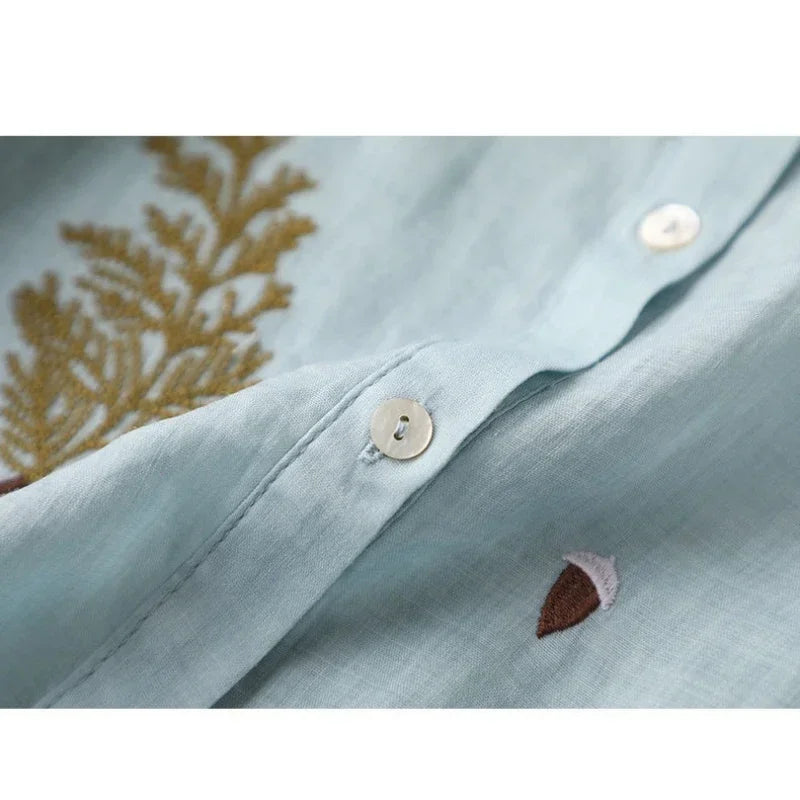 Embroidered Cotton Linen Casual Shirt