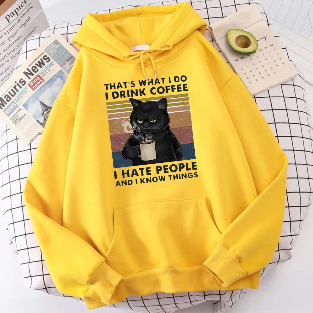 Men's fashion hoodie, high-quality cat drinking coffee print hoodie, fashionable casual hoodie, Harajuku hoodie