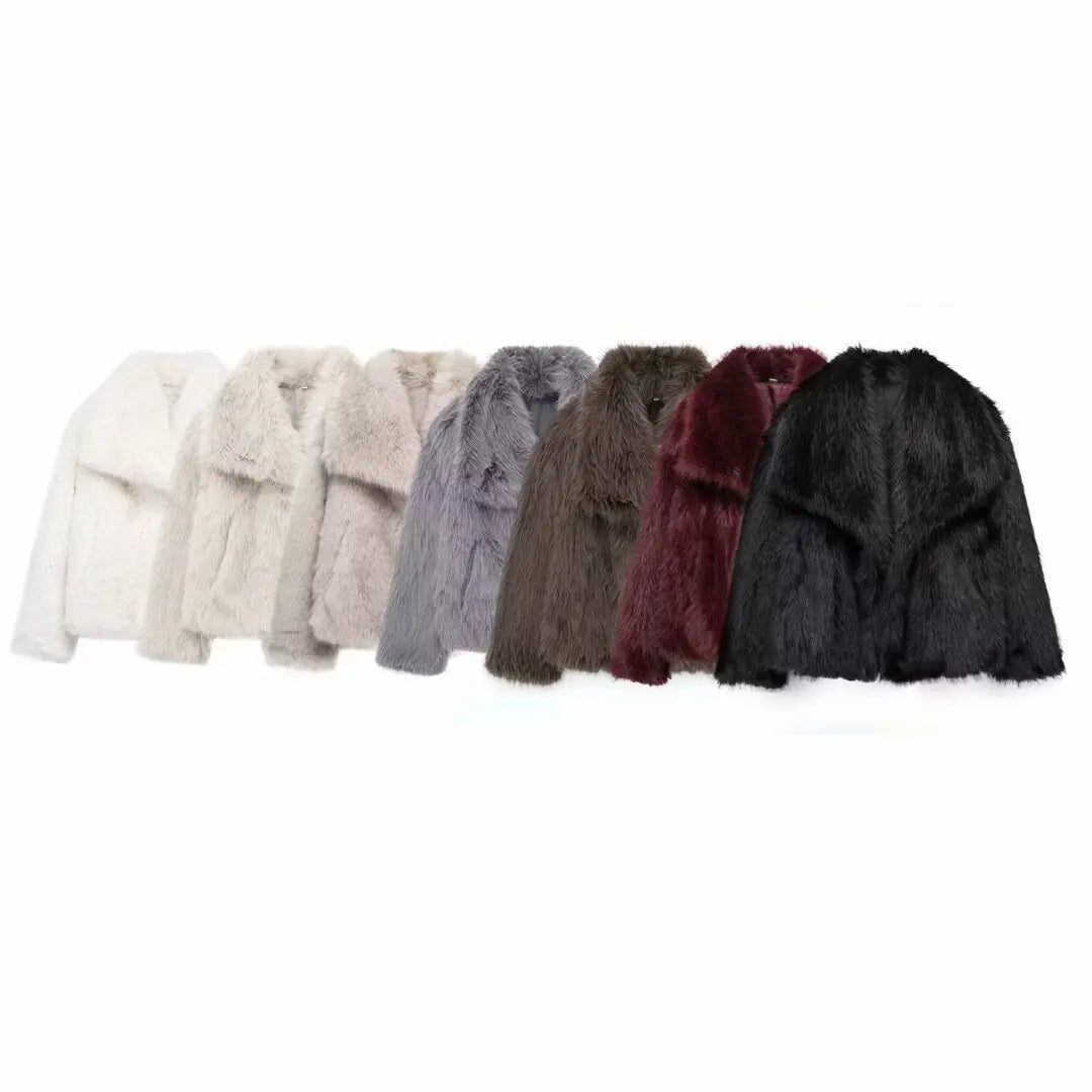 HH 2024 Women 's Vintage Soild Faux Fur Coat Turn-down Collar Long Sleeve Warm Plush Wool Coats Lady Winter Autumn Outwear