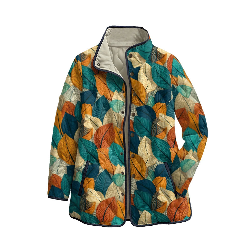 Quilted Leaf Print Winter Jacket