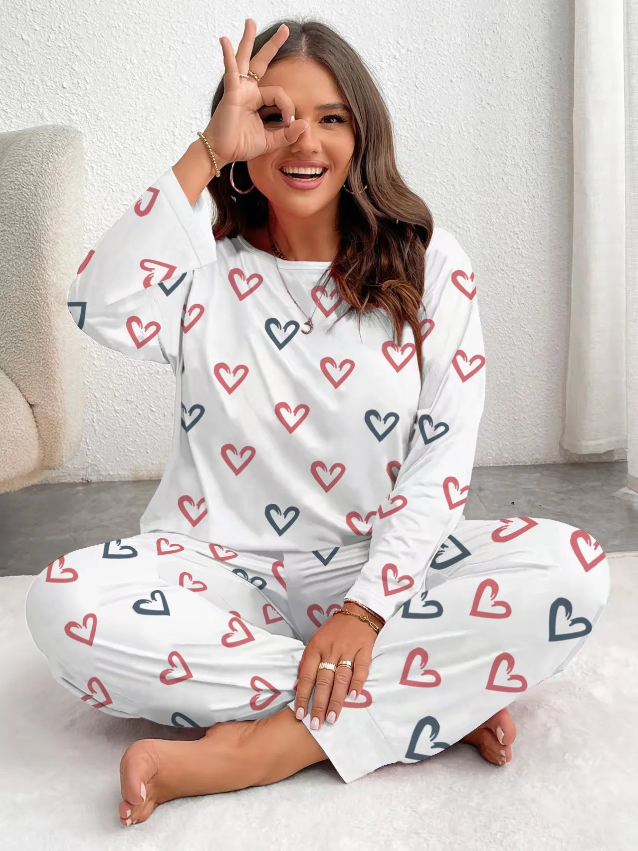 Plus Heart Print Pajama Set