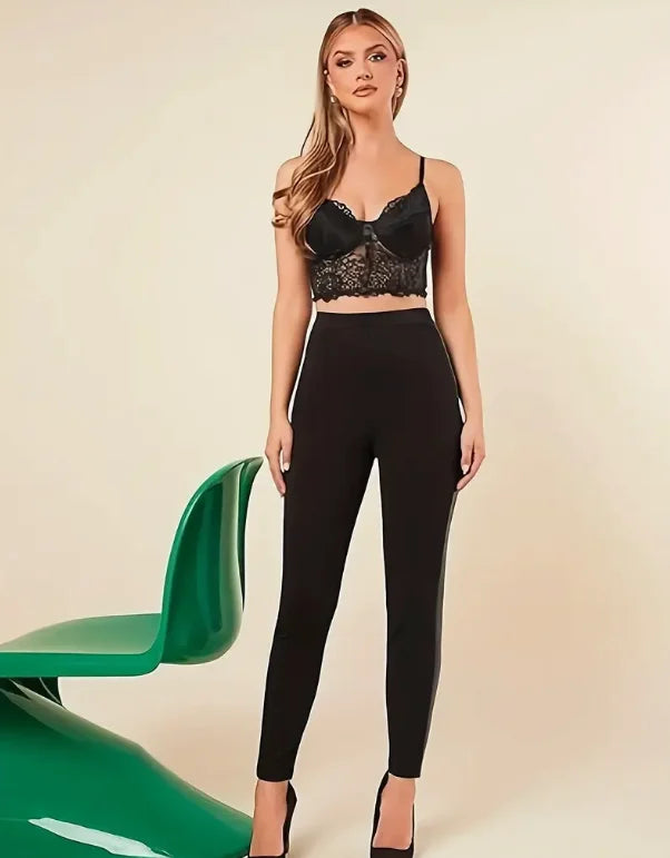 Solid color tight leggings PU leather splicing casual high waist stretch leggings women's clothing suitable for spring autu