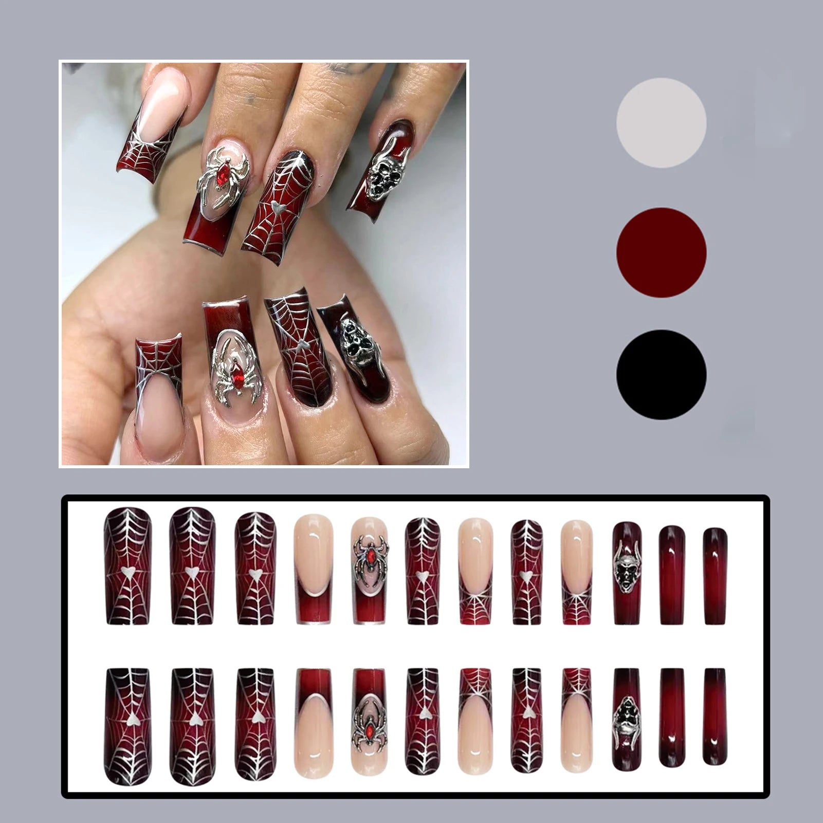 24pcs Thriller Style False Nails With Halloween Ant Bugs Pattern Wearable Press On Nails Ballet Black Punk Nail Art Decoration