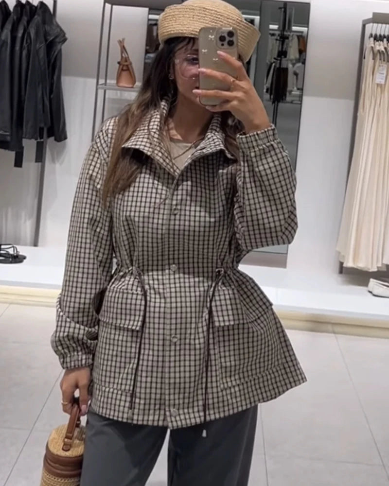 Women's Coat 2026 New Autumn Gray Plaid Long Sleeve Loose Drawstring Decorative Coat Casual Fashion Personal Ladies Outerwear