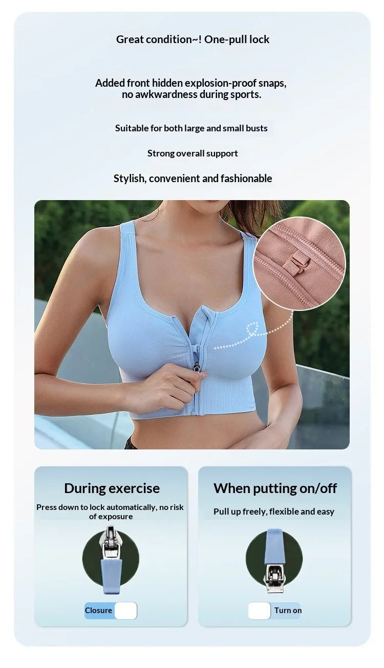High-strength Shockproof Front-zip High Elasticity Anti-sagging Plus-size 100% Nylon High Support Seamless Sports Bra Beautiful