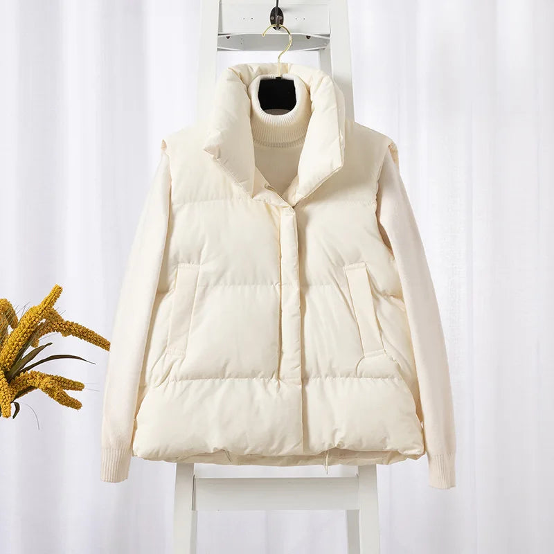 Women Fashion Autumn New 2026Stand Collar Elegant Down Coats Warm Outerwear Casual Belt Sleeveless Winter Women Vests Jackets