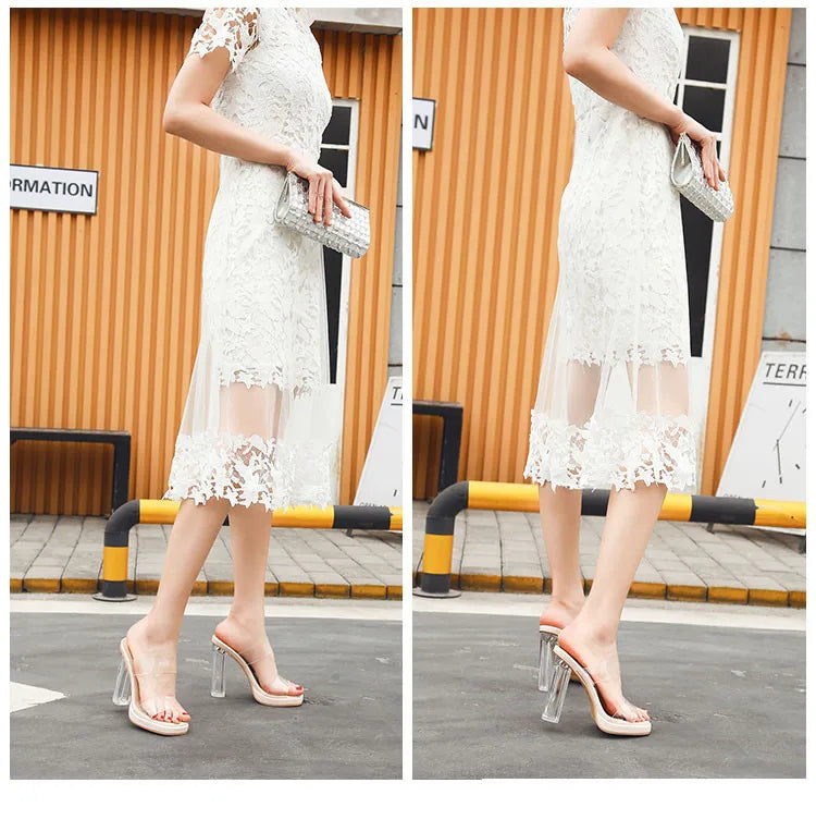 Women's High Heels, 2024 Summer New Waterproof Table with A Line Not Tired Feet Thick Crystal Slippers, Women's Shoes