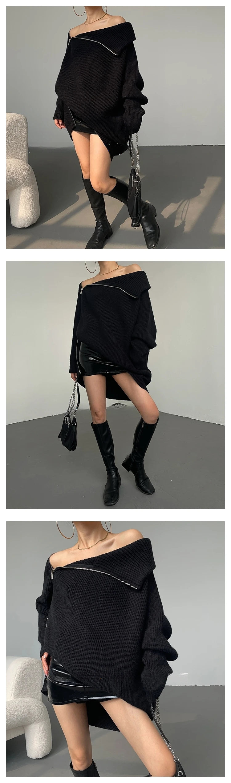 Oversized Zip Turtleneck Knit Sweater