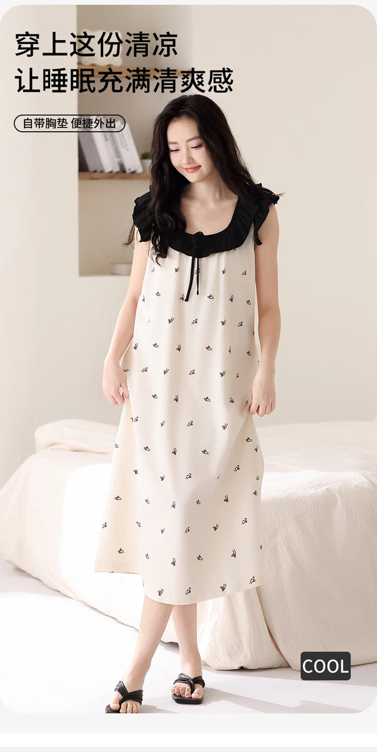 Newest Women Nightdress Female 100% Cotton Nightwear Floral Short Sleeve Sleepdress With Chest Pad