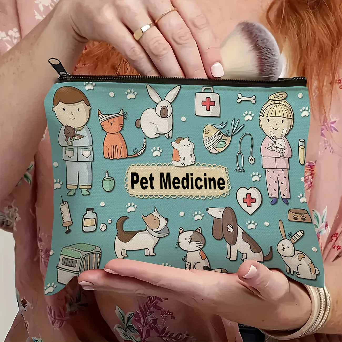Pet Medicine Travel Organizer Pouch - Light Blue Polyester Cosmetic & Toiletry Bag with Cute Dog & Cat Illustrations