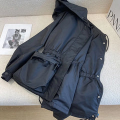 Black jacket for women 2025 autumn new hooded drawstring high-end thin jacket top