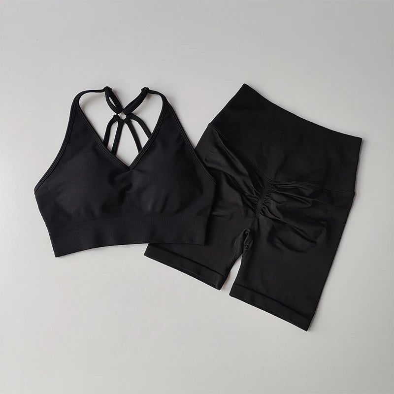 Workout Sets for Women, V Back Sports Bra with High Waist Shorts, Moisture Wicking Yoga Outfit for Training