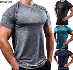 Summer Gym T-shirts Men's Solid Fitness Clothing O-neck Short Sleeve Tops Breathable Slim Bodybuilding Workout Muscle Tees Male