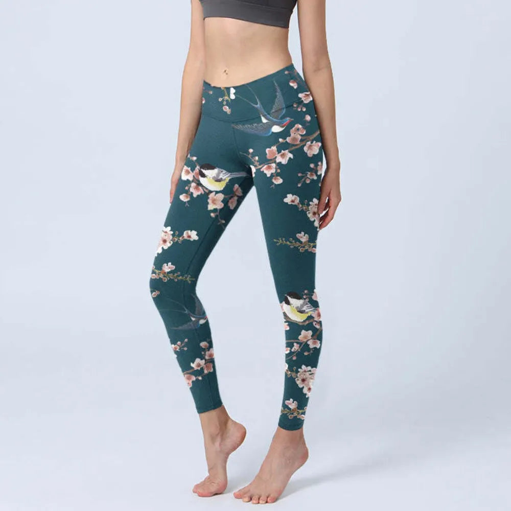 High Waist Yoga Leggings Japanese Style Cherry Blossom Botanical Print Soft Tights Women Fitness Gym Yoga Running Sports Wear