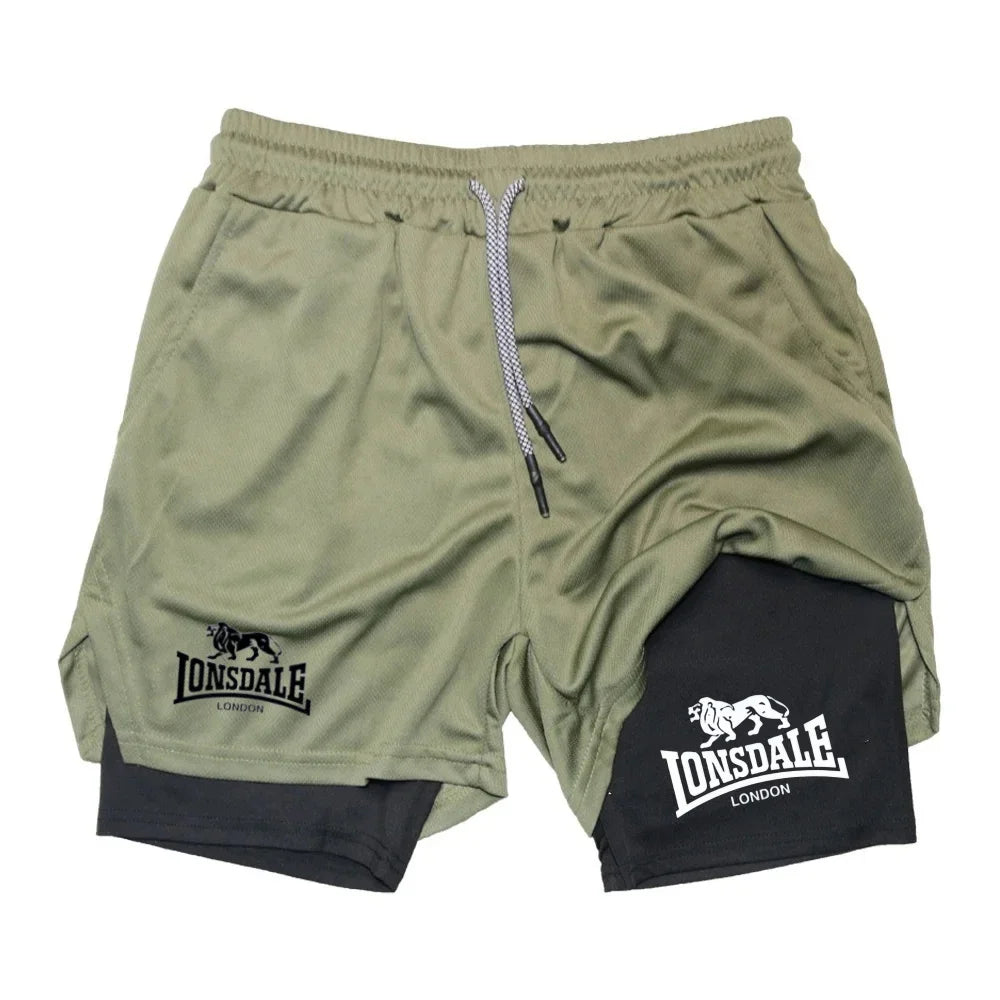 Print 2in1 Running Shorts for Men Gym Workout Compression Shorts with Phone Pocket Towel Loop Summer Sport Athletic Activewear