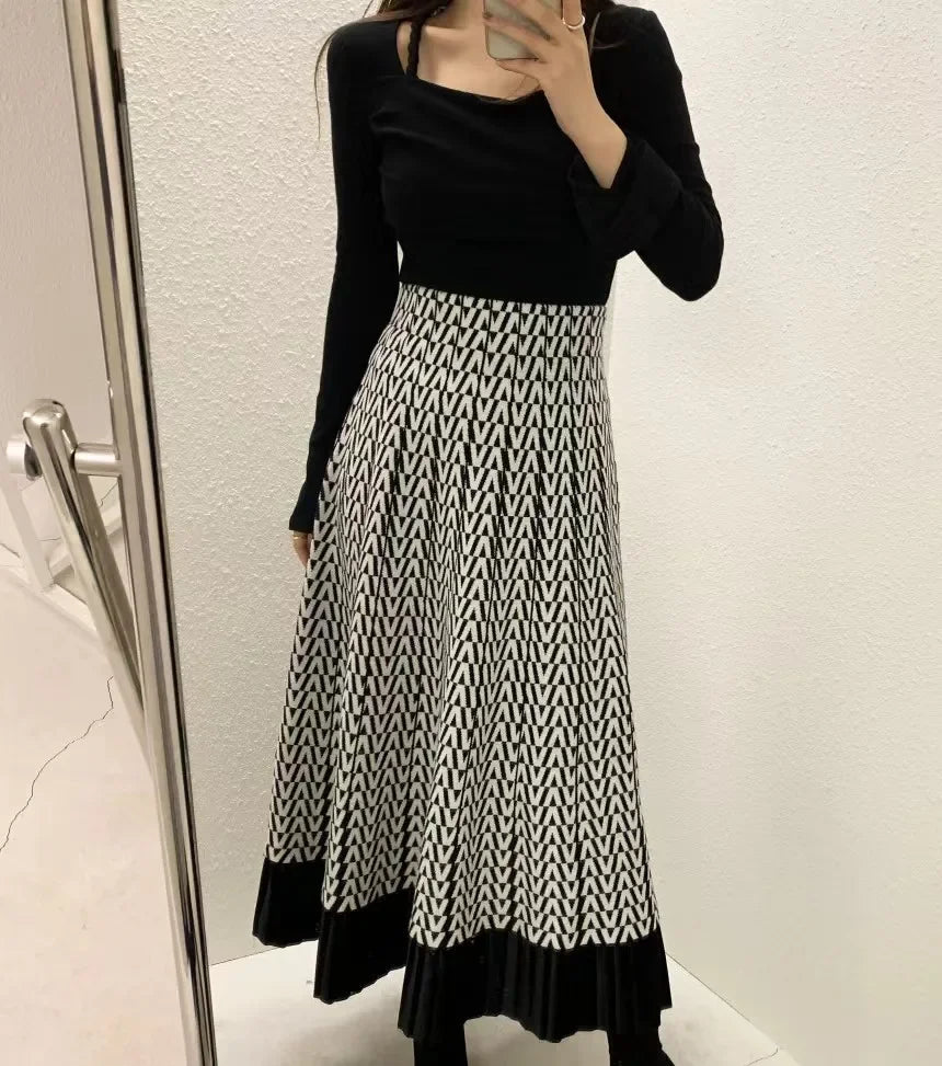 Retro Knitted Pleated Midi Skirt