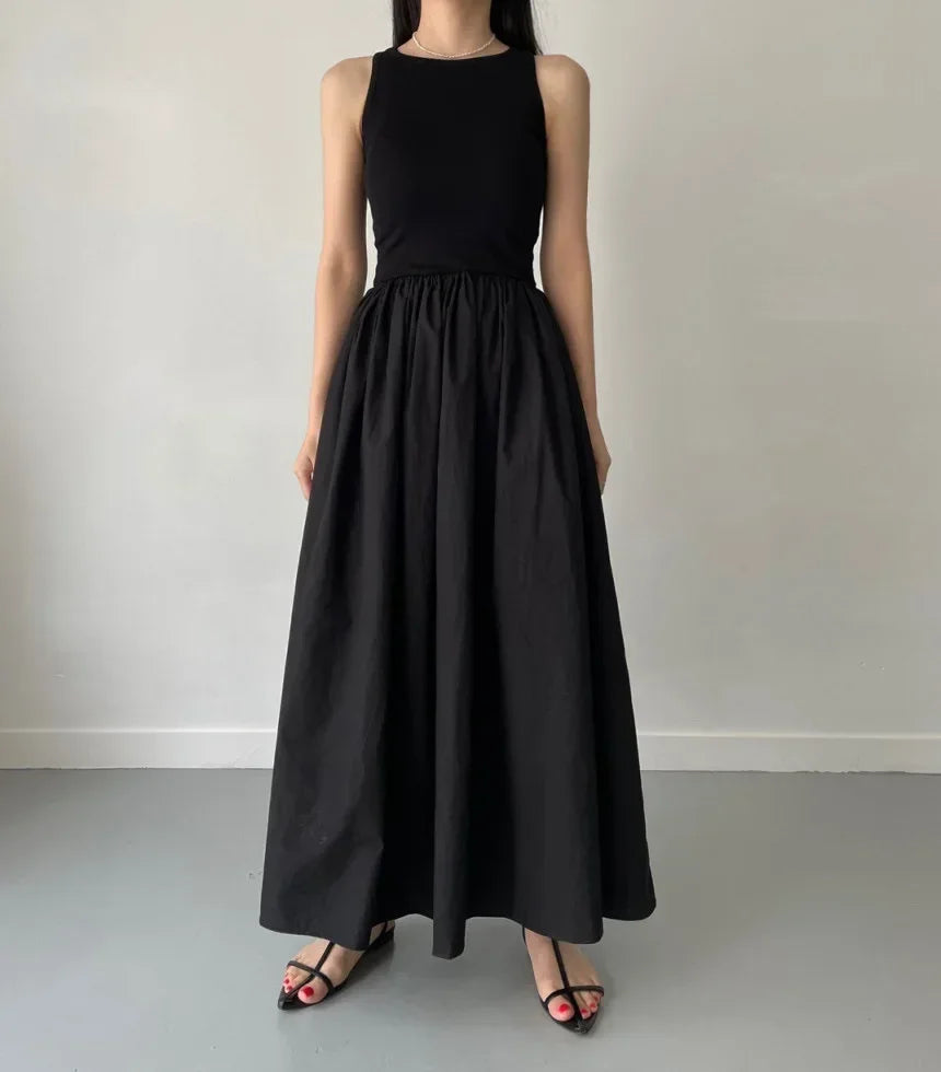 Female Fashion Style Dress New Summer Simple Elegant Black Long Dresses For Women Round Neck Sleeveless High Waist Temperament