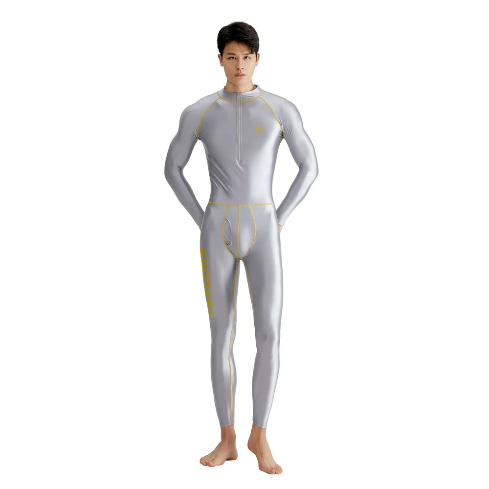 AMORESY Men's Tracksuits Sets Tops Leggings Shiny Glossy Sports Fitness Running Overall Catsuits All-purpose Jumpsuits