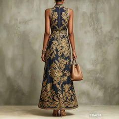 Elegant Party Evening 2026 Summer Long Dresses New Vintage Classic Pattern Flower Printed Lapel A-Line Dresses For Women